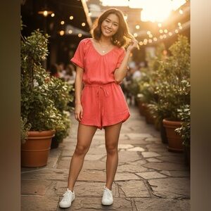 Linen strawberry jumpsuit with Dolman Sleeves